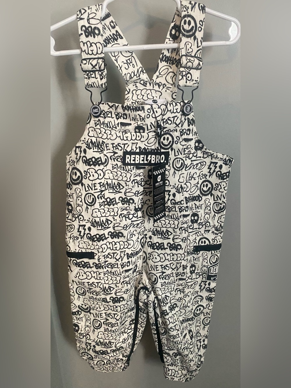 Rebel Bro Black & White Graffiti Print Kids Overalls